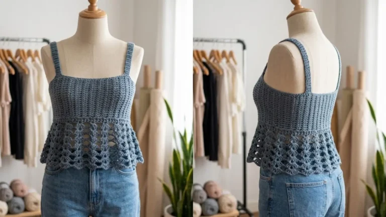 Top Brisa Azul de crochê com folho e alças finas