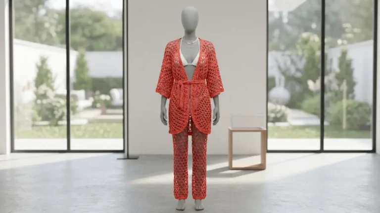 Conjunto Malagueta de crochê vermelho com calça e quimono