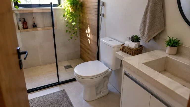 Banheiro limpo e organizado com ventilação e decoração natural