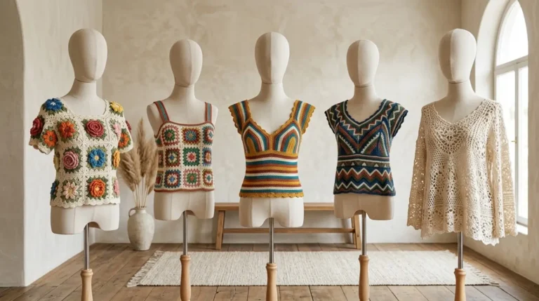 Diferentes modelos de blusas de crochê com estampas florais, listras e motivos geométricos