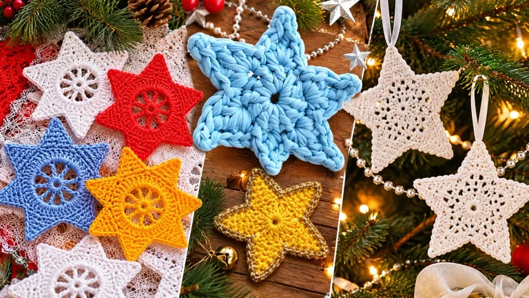 Estrelas de crochê para o Natal em diferentes modelos, com fios vermelhos, brancos, azuis e amarelos, ideais para decorar a árvore natalina.