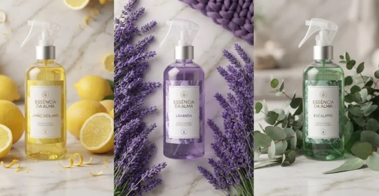 Três frascos de spray aromatizantes de ambiente com as fragrâncias de limão siciliano, lavanda e eucalipto dispostos sobre uma bancada com seus respetivos ingredientes ao fundo.