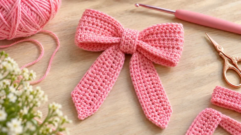 Laço rosa de crochê sobre mesa de madeira com novelo de fio e agulha de crochê