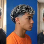Colagem de três homens com cabelos cacheados e crespos a exibir luzes loiras e platinadas em cortes modernos com degradê lateral.