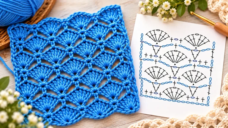 Amostra de crochê azul com gráfico do ponto em destaque