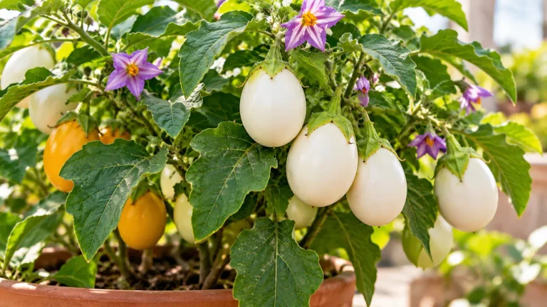 Planta-ovo com frutos ovais brancos e amarelados, folhas verdes e flores roxas cultivada em vaso.